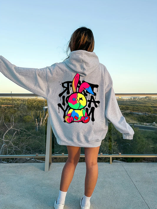 Cartoon Print Hoodie, Drawstring Casual Hooded Sweatshirt, Women's Clothing