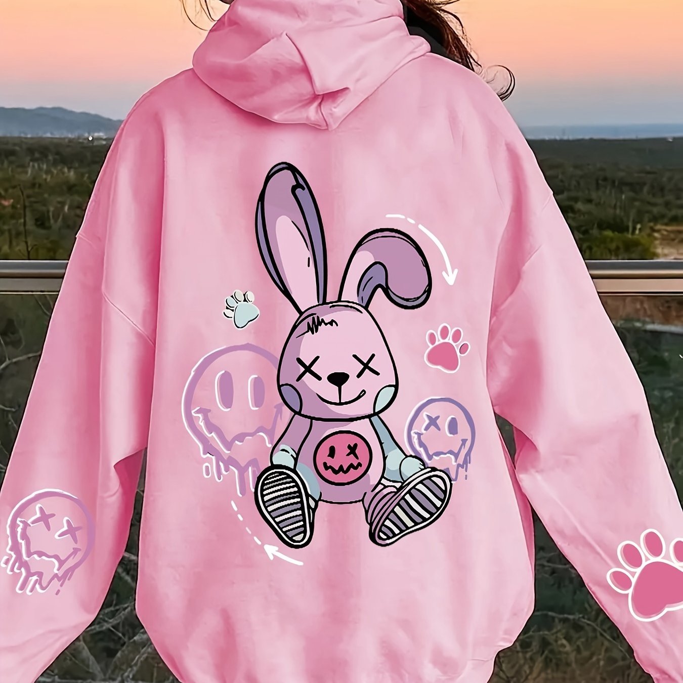 Women's Cozy Cartoon Rabbit & Paw Print Hoodie with Kangaroo Pocket - Casual Pullover Sweatshirt for Fall/Winter, Machine Washable