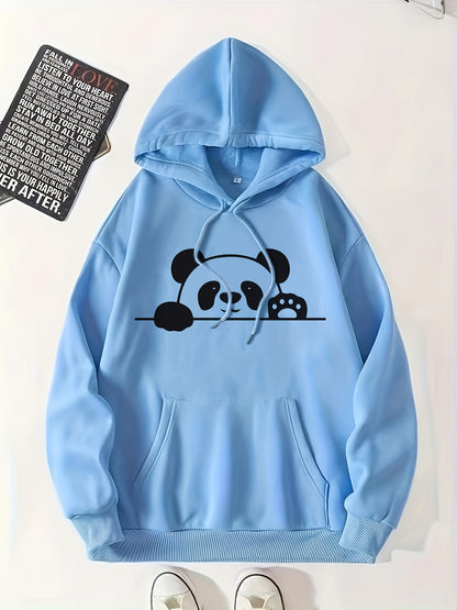 Panda Print Kangaroo Pocket Hoodie, Casual Long Sleeve Drawstring Hoodie Sweatshirt, Women's Clothing