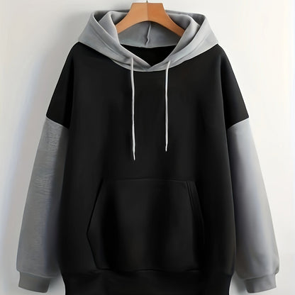 Color Block Kangaroo Pocket Hoodie, Casual Long Sleeve Drawstring Hoodies Sweatshirt, Women's Clothing