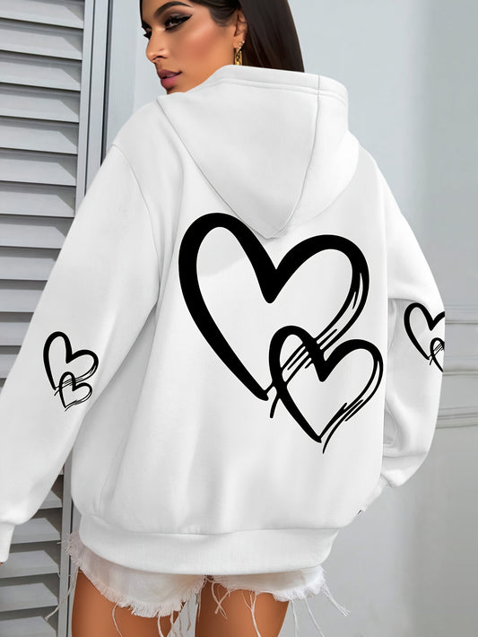 [Popular Choice] Cozy Plus Size Heart Print Hoodie with Pocket - Casual Long Sleeve Pullover for Women, Perfect for Fall & Winter