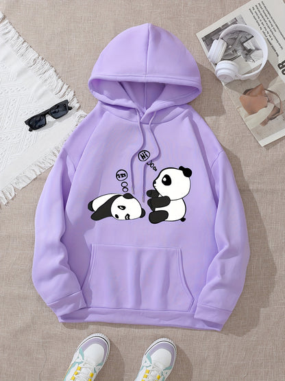 [Popular Choice] Cozy Panda Print Hoodie for Women - Casual Drawstring Pullover with Kangaroo Pocket, Perfect for Fall & Winter, Sleeping, Graphic Print, Hooded Sweatshirt