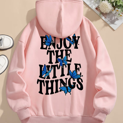 Butterfly & Letter Print Kangaroo Pocket Hoodie, Casual Long Sleeve Drawstring Hoodies Sweatshirt, Women's Clothing