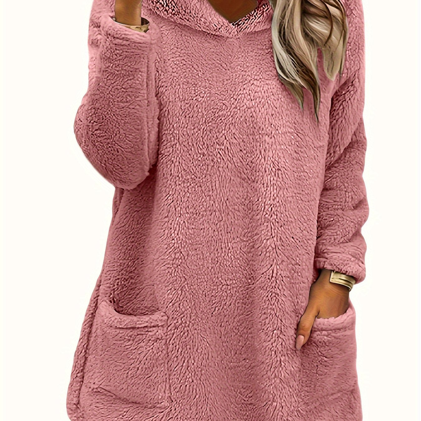 [Popular Choice] Women's Double-Sided Plush Hoodie - Warm Mid-Length Pullover with Pockets for Autumn and Winter, Casual Polyester Knit, Leisure Style, Loosen Version, Autumn/Winter