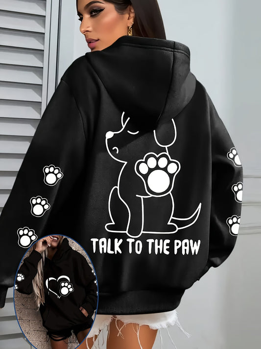 Women's Plus Size Hoodie, Polyester Casual Pullover Sweatshirt with Paw Print Design, Drawstring, Regular Sleeve, Knit, H Fit, for Autumn/Winter