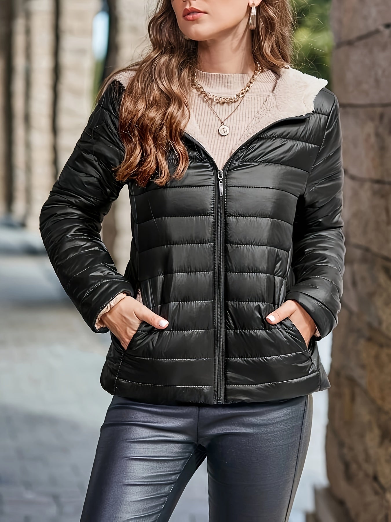 Zip-up Hoodie Puffy Coat, Casual Thermal Long Sleeve Coat For Fall & Winter, Women's Clothing