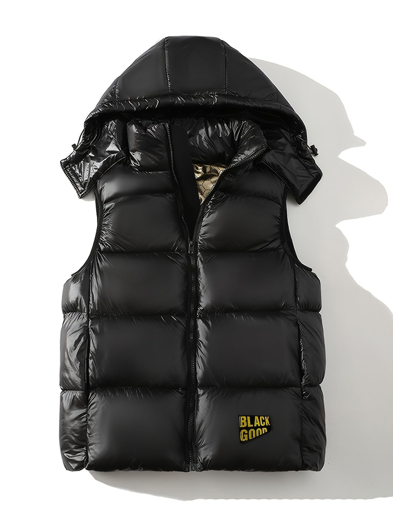 Men's Sleek Black & Golden Hooded Vest - Casual, Sleeveless Outerwear for Fall/Winter, Polyester