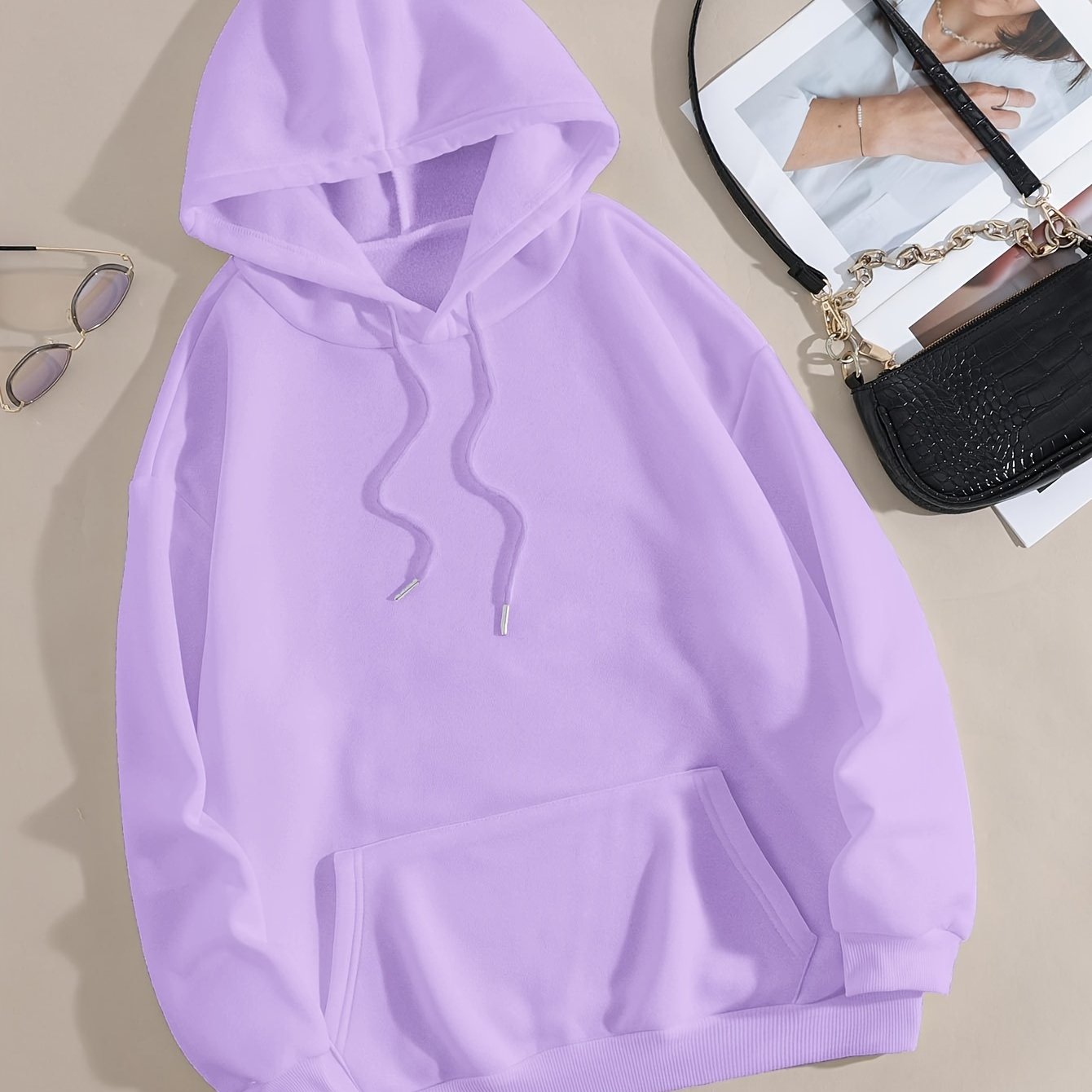 Solid Color Drawstring Hoodie, Casual Long Sleeve Kangaroo Pocket Hoodie Sweatshirt, Women's Clothing