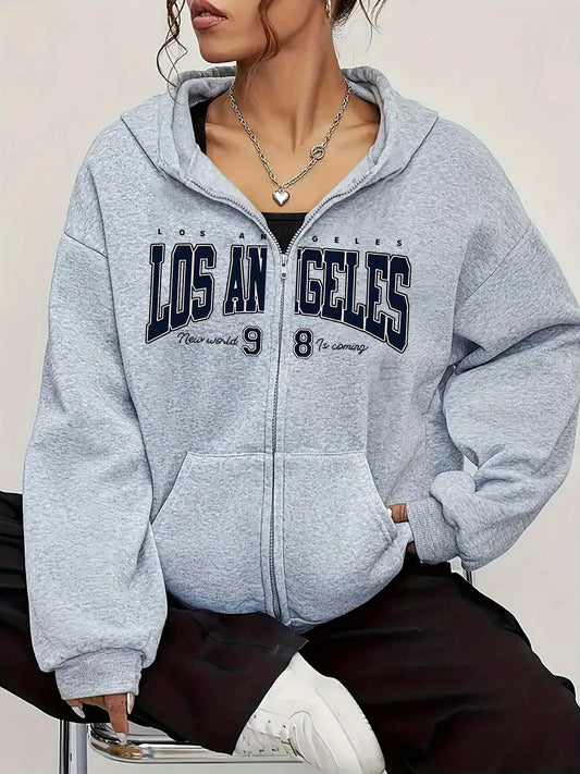 Los Angeles-Inspired Women's Fashion Hoodie with Kangaroo Pocket - Casual Zip-Up Jacket, Long Sleeve, Letter Print, Stretchy Polyester Blend, Machine Washable - Perfect for All Seasons