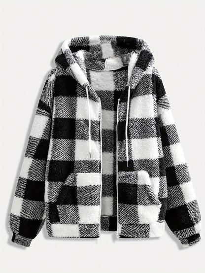 Women's Elegant Plaid Faux Fur Hoodie Jacket - 95% Polyester, 5% Elastane Knitted Fabric, Fall/Winter Collection