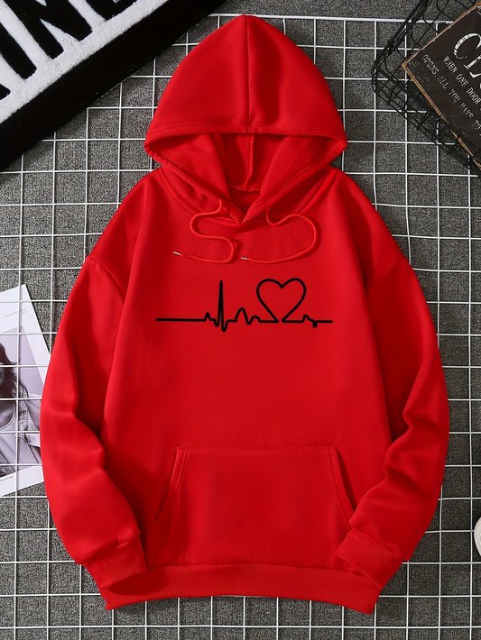 Heartbeat Print Kangaroo Pocket Hoodie, Casual Long Sleeve Drawstring Hoodies Sweatshirt, Women's Clothing