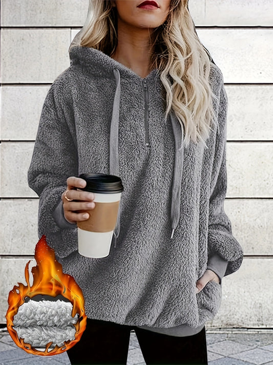 Cozy Plus Size Fleece Hoodie with Drawstring - Casual Long Sleeve Pullover for Women, Machine Washable, Autumn Winter, Hooded