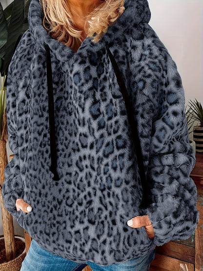 Plus Size Leopard Print Drawstring Hoodie, Casual Long Sleeve Fuzzy Sweatshirt For Fall & Winter, Women's Plus Size Clothing