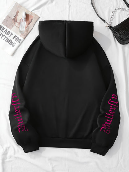 Butterfly & Letter Print Side Pockets Hoodie, Casual Long Sleeve Drawstring Zipper Front Hooded Sweatshirt, Women's Clothing