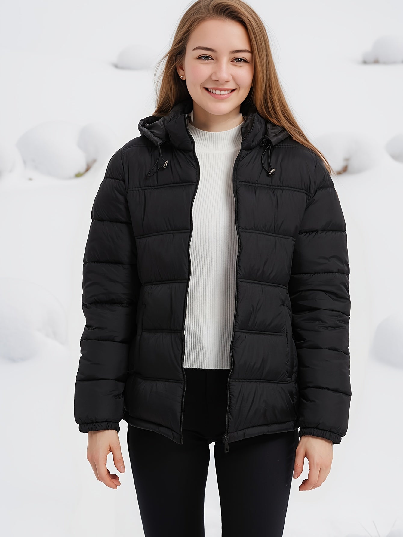 Zip-up Hoodie Puffy Coat, Casual Long Sleeve Pockets Coat For Fall & Winter, Women's Clothing