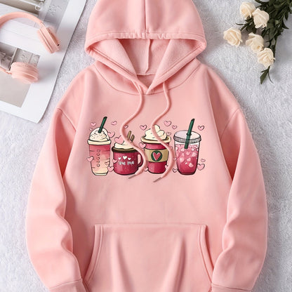 Coffee Print Drawstring Hoodie, Casual Long Sleeve Hooded Sweatshirt, Women's Clothing