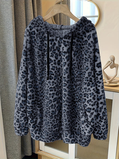 Plus Size Leopard Print Drawstring Hoodie, Casual Long Sleeve Fuzzy Sweatshirt For Fall & Winter, Women's Plus Size Clothing