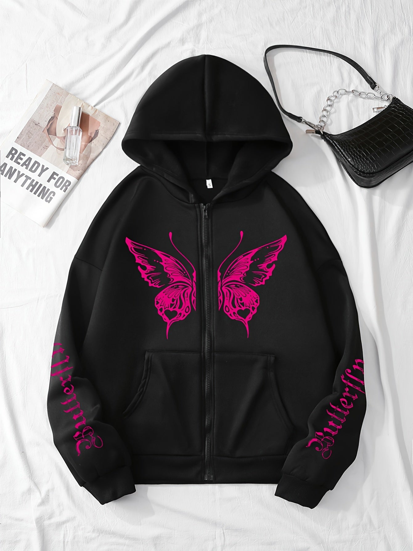 Butterfly & Letter Print Side Pockets Hoodie, Casual Long Sleeve Drawstring Zipper Front Hooded Sweatshirt, Women's Clothing