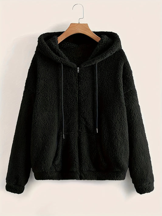 Elegant Teddy Bear Hooded Jacket for Women - Solid Color, Drawstring Detail, Machine Washable - Perfect for Fall/Winter