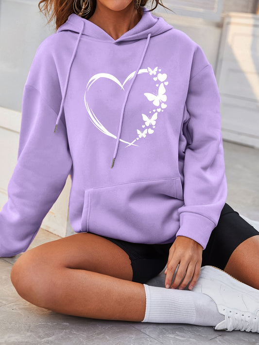 Butterfly & Heart Print Hoodie, Vintage Drawstring Kangaroo Pocket Hoodies Sweatshirt, Women's Clothing