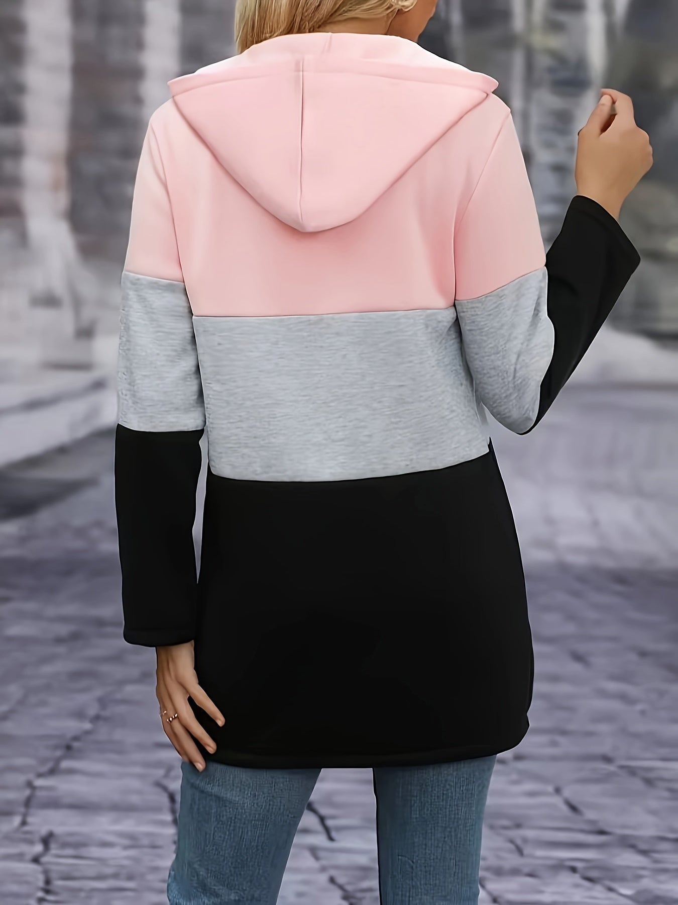 Women's Casual Long Sleeve Color Block Hooded Sweatshirt with Zipper - Fall/Winter Polyester Knit Hoodie with Stretch (Polyester 95%, Elastane 5%)