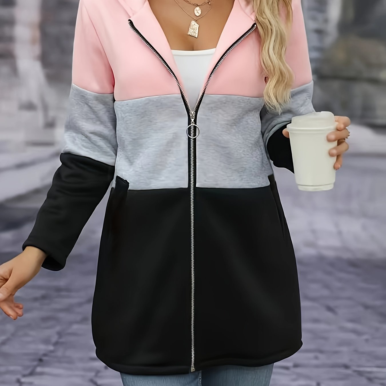 Women's Casual Long Sleeve Color Block Hooded Sweatshirt with Zipper - Fall/Winter Polyester Knit Hoodie with Stretch (Polyester 95%, Elastane 5%)