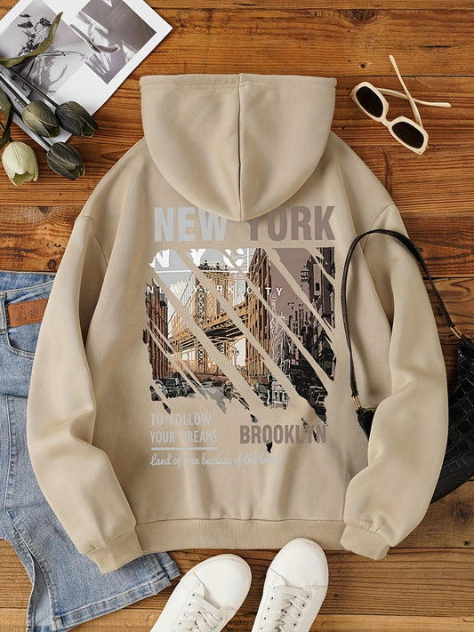 New York Print Kangaroo Pocket Hoodie, Casual Long Sleeve Drawstring Hooded Sweatshirt For Fall & Winter, Women's Clothing