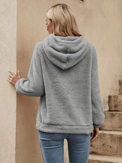 Women's Casual Long Sleeve Drawstring Hoodie - 100% Polyester Solid Color Teddy Hooded Sweatshirt with Knit Fabric for Fall/Winter