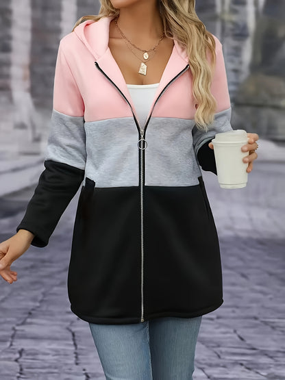 Women's Casual Long Sleeve Color Block Hooded Sweatshirt with Zipper - Fall/Winter Polyester Knit Hoodie with Stretch (Polyester 95%, Elastane 5%)