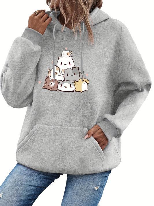 Cartoon Cat Print Drawstring Hoodie, Cute Long Sleeve Pocket Hoodies Sweatshirt, Women's Clothing