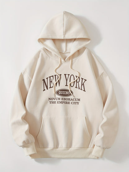 Letter Print Drawstring Hoodie, Casual Long Sleeve Drop Shoulder Hoodie, Women's Clothing