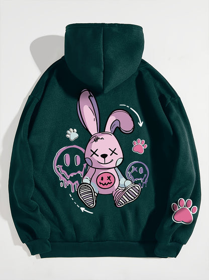 Women's Cozy Cartoon Rabbit & Paw Print Hoodie with Kangaroo Pocket - Casual Pullover Sweatshirt for Fall/Winter, Machine Washable