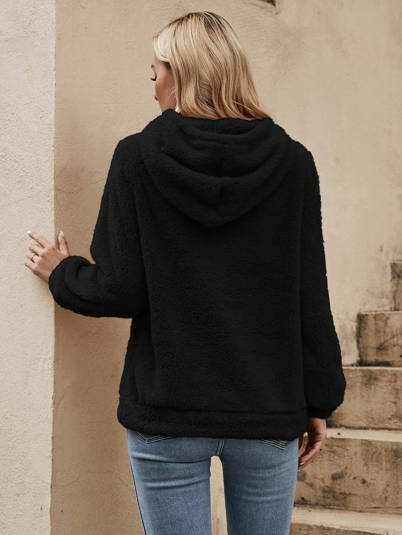 Women's Casual Long Sleeve Drawstring Hoodie - 100% Polyester Solid Color Teddy Hooded Sweatshirt with Knit Fabric for Fall/Winter