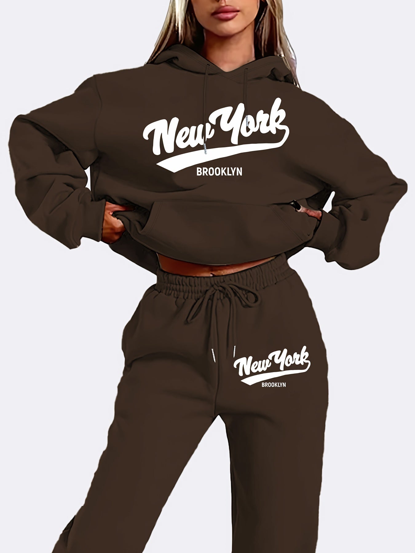 Women's New York Letter Print Hoodie and Pants Set, Casual Polyester Knit Sweatshirt with Drawstring, Geometric Pattern, Pocket Detail, for Fall/Winter Season