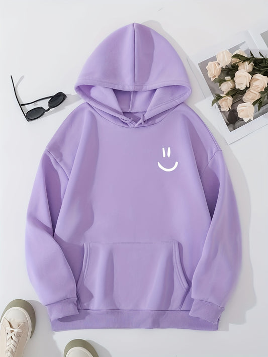 Cute Smile Print Hoodie, Casual Drawstring Kangaroo Pocket Hoodies Sweatshirt, Women's Clothing