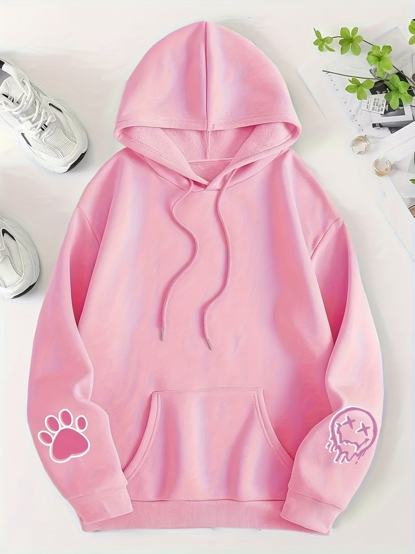 Women's Cozy Cartoon Rabbit & Paw Print Hoodie with Kangaroo Pocket - Casual Pullover Sweatshirt for Fall/Winter, Machine Washable