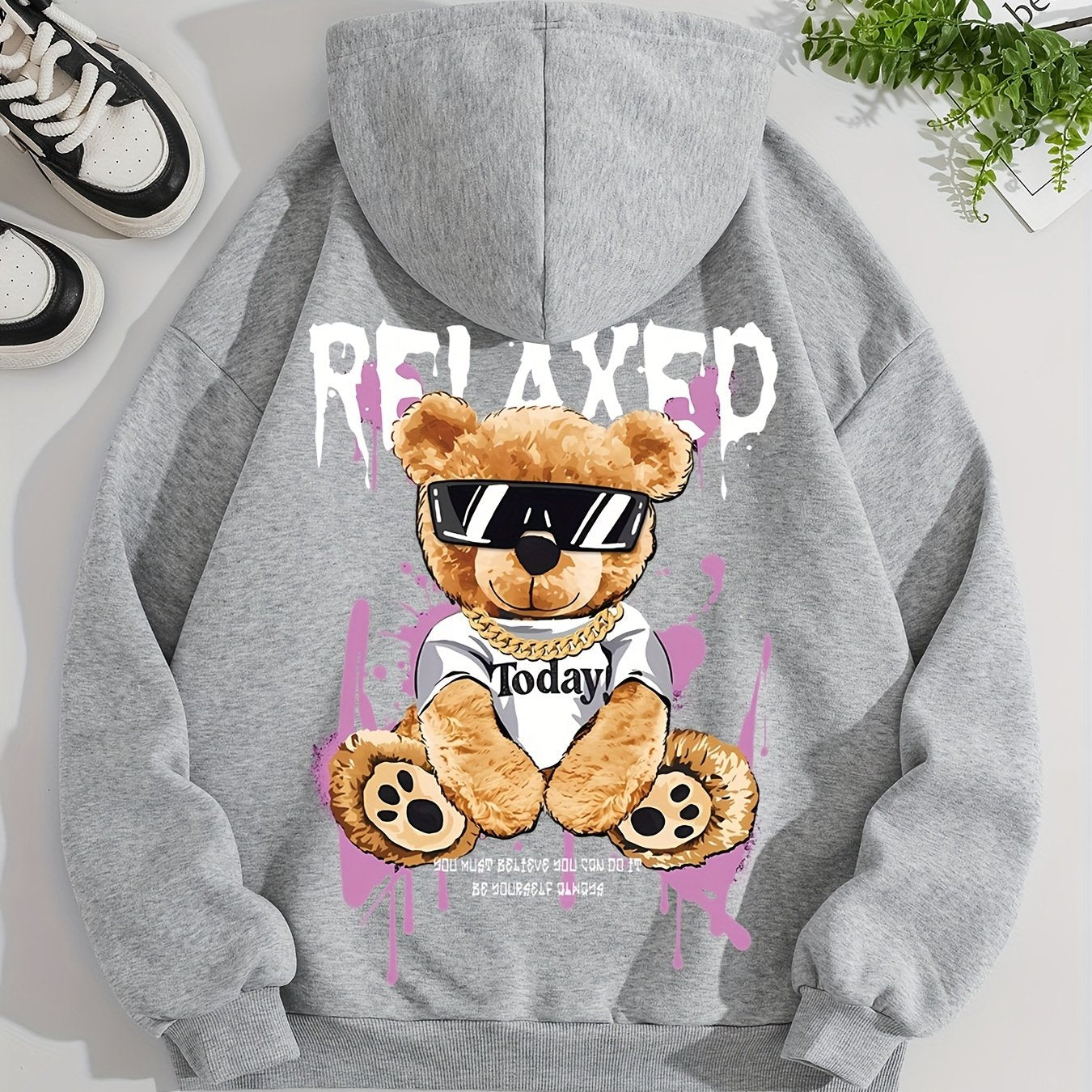 Women's Fashion Hoodie with Cute Bear Print - Casual Pullover Sweatshirt, Polyester, Machine Washable - Perfect for Fall & Winter