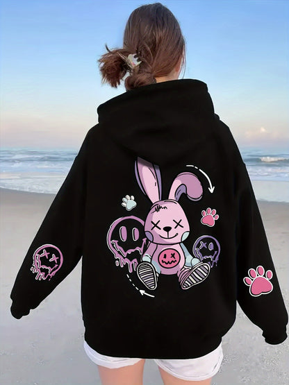 Women's Cozy Cartoon Rabbit & Paw Print Hoodie with Kangaroo Pocket - Casual Pullover Sweatshirt for Fall/Winter, Machine Washable