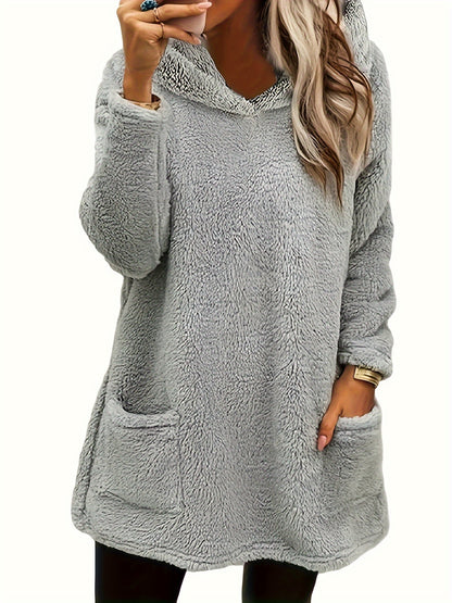 [Popular Choice] Women's Double-Sided Plush Hoodie - Warm Mid-Length Pullover with Pockets for Autumn and Winter, Casual Polyester Knit, Leisure Style, Loosen Version, Autumn/Winter