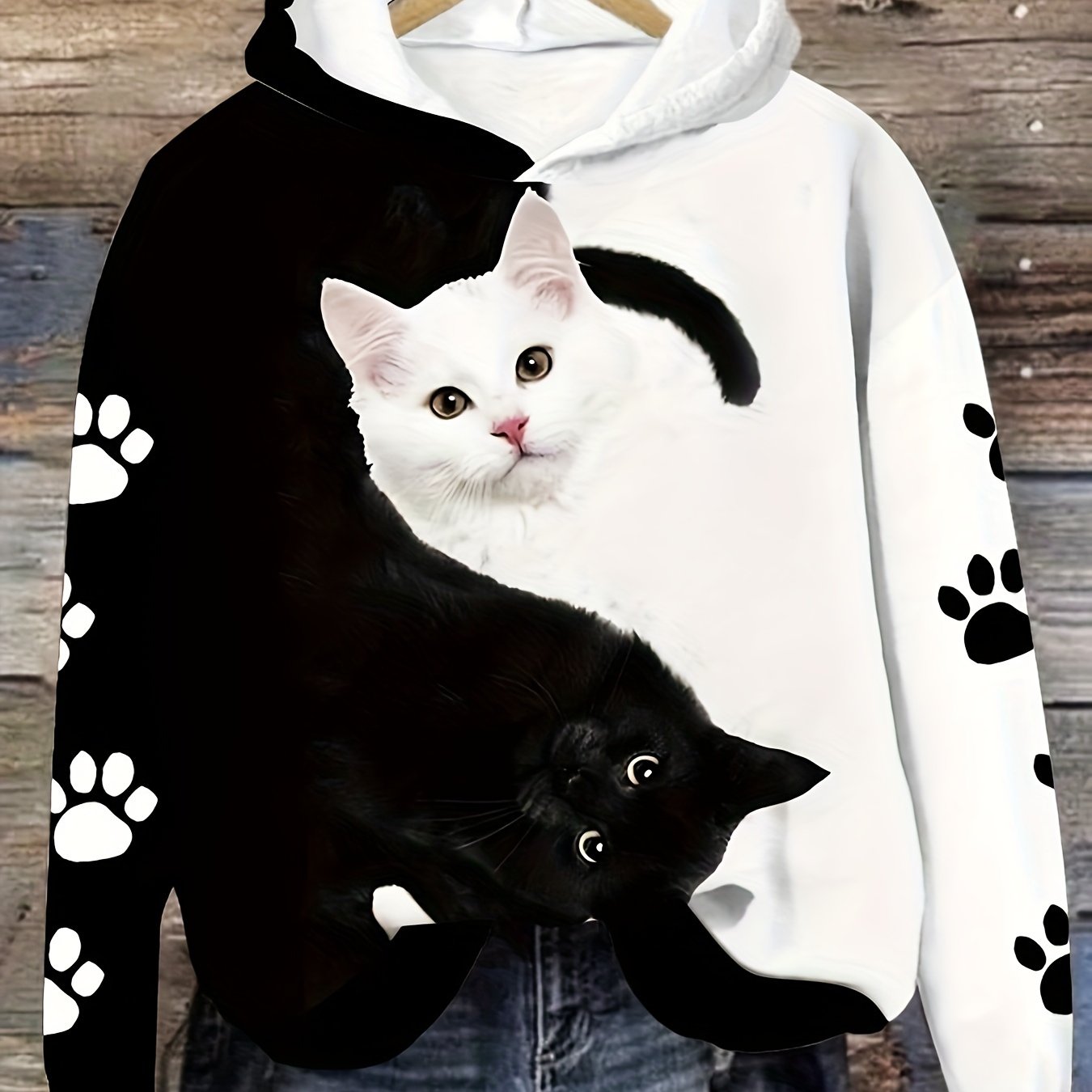 Women's Cozy Cat Print Hoodie - Casual Long Sleeve Pullover with Kangaroo Pocket, Machine Washable, Polyester Blend