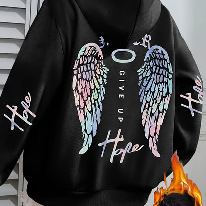 Women's Cozy Fleece-Lined Hoodie with Unique Wings Print - Long Sleeve, Drawstring Pullover for Fall/Winter, Perfect for Running & Casual Wear