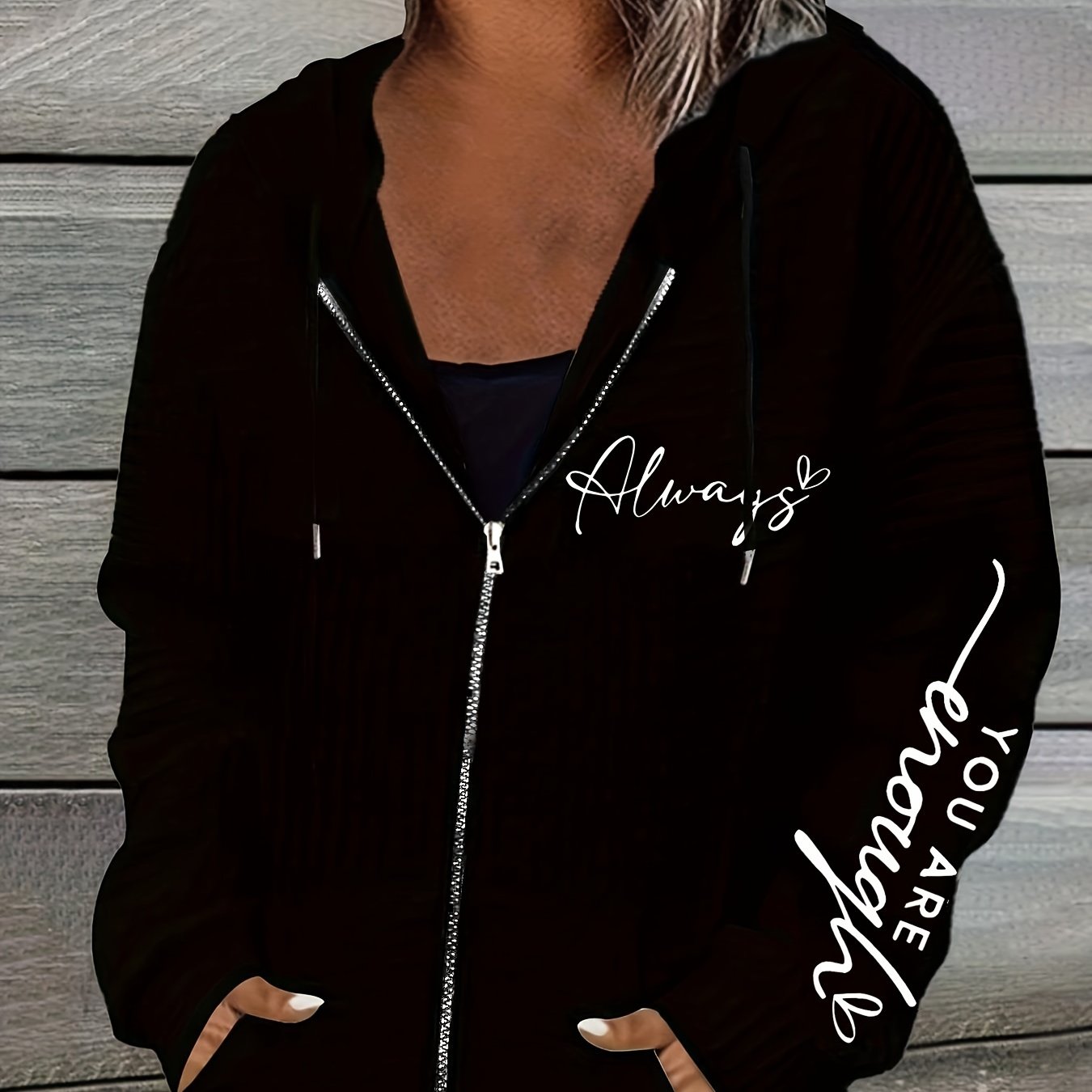 Women's Casual Zip-Up Hoodie with Letter Print - Cozy Polyester, Machine Washable, Non-Transparent, Knit Fabric, Perfect for Fall & Winter - Stylish Long Sleeve Pullover with Drawstring Hood