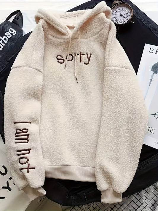 Letter Embroidered Drop Shoulder Hoodie, Casual Long Sleeve Drawstring Hoodies Sweatshirt For Fall, Women's Clothing