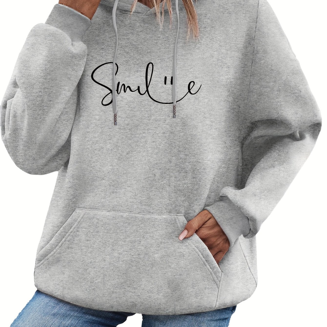 SMILE Print Kangaroo Pocket Hoodie, Casual Long Sleeve Drawstring Hoodie Sweatshirt, Women's Clothing