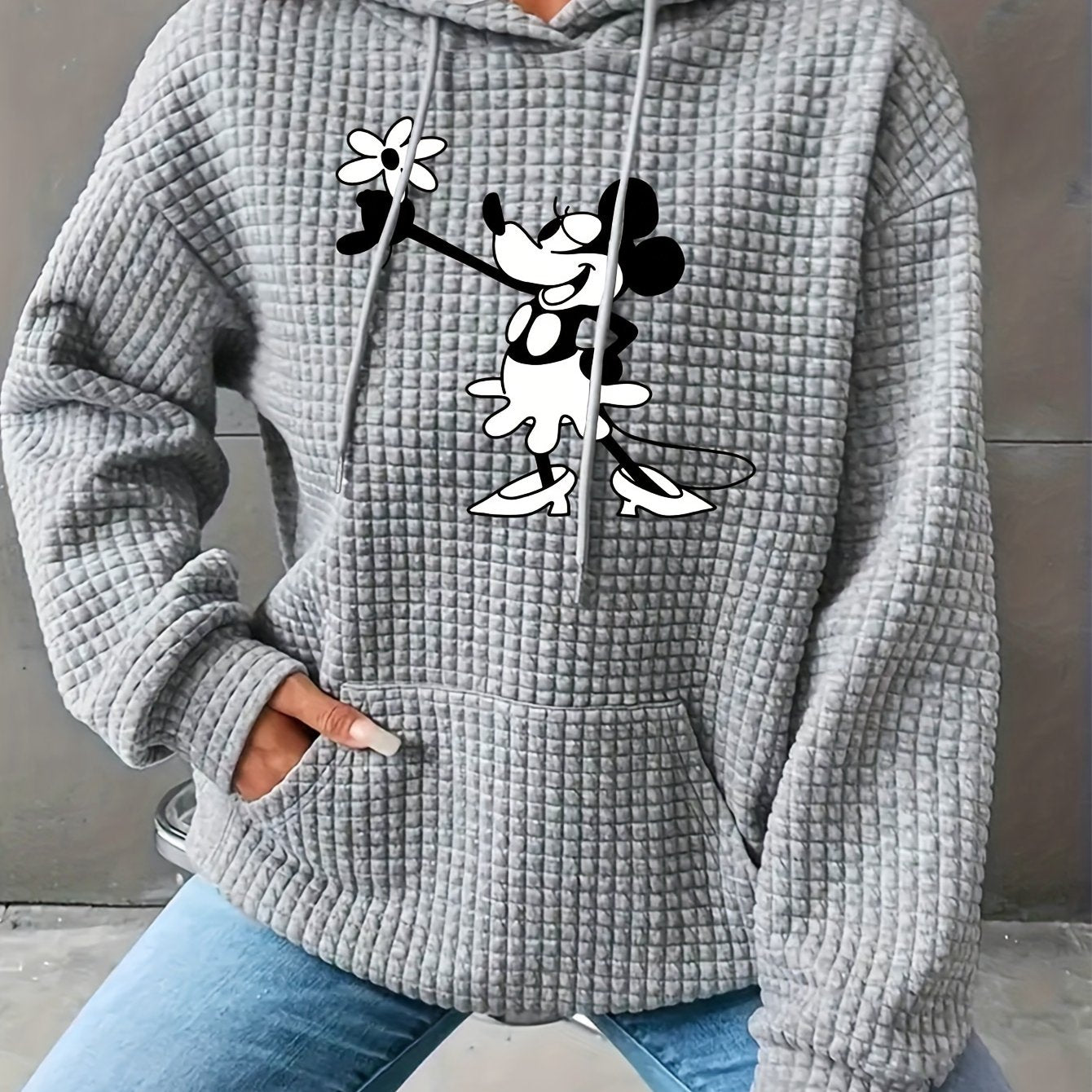 Women's Cozy Waffle-Knit Hoodie with Cartoon Mouse Print - Casual Long Sleeve Pullover with Pockets, Perfect for Fall & Winter