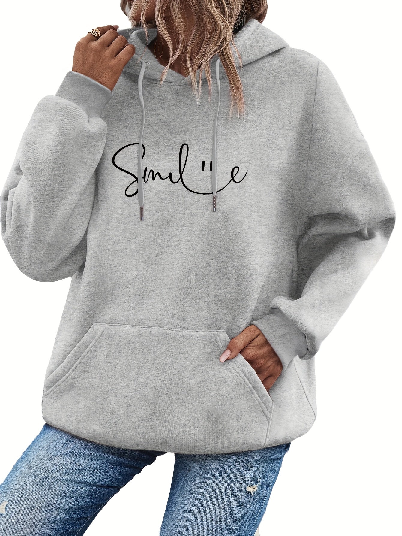 SMILE Print Kangaroo Pocket Hoodie, Casual Long Sleeve Drawstring Hoodie Sweatshirt, Women's Clothing