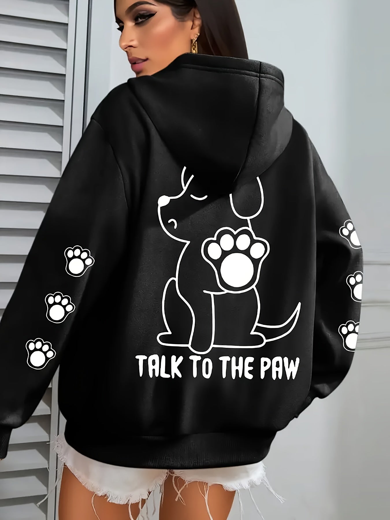 Women's Plus Size Hoodie, Polyester Casual Pullover Sweatshirt with Paw Print Design, Drawstring, Regular Sleeve, Knit, H Fit, for Autumn/Winter