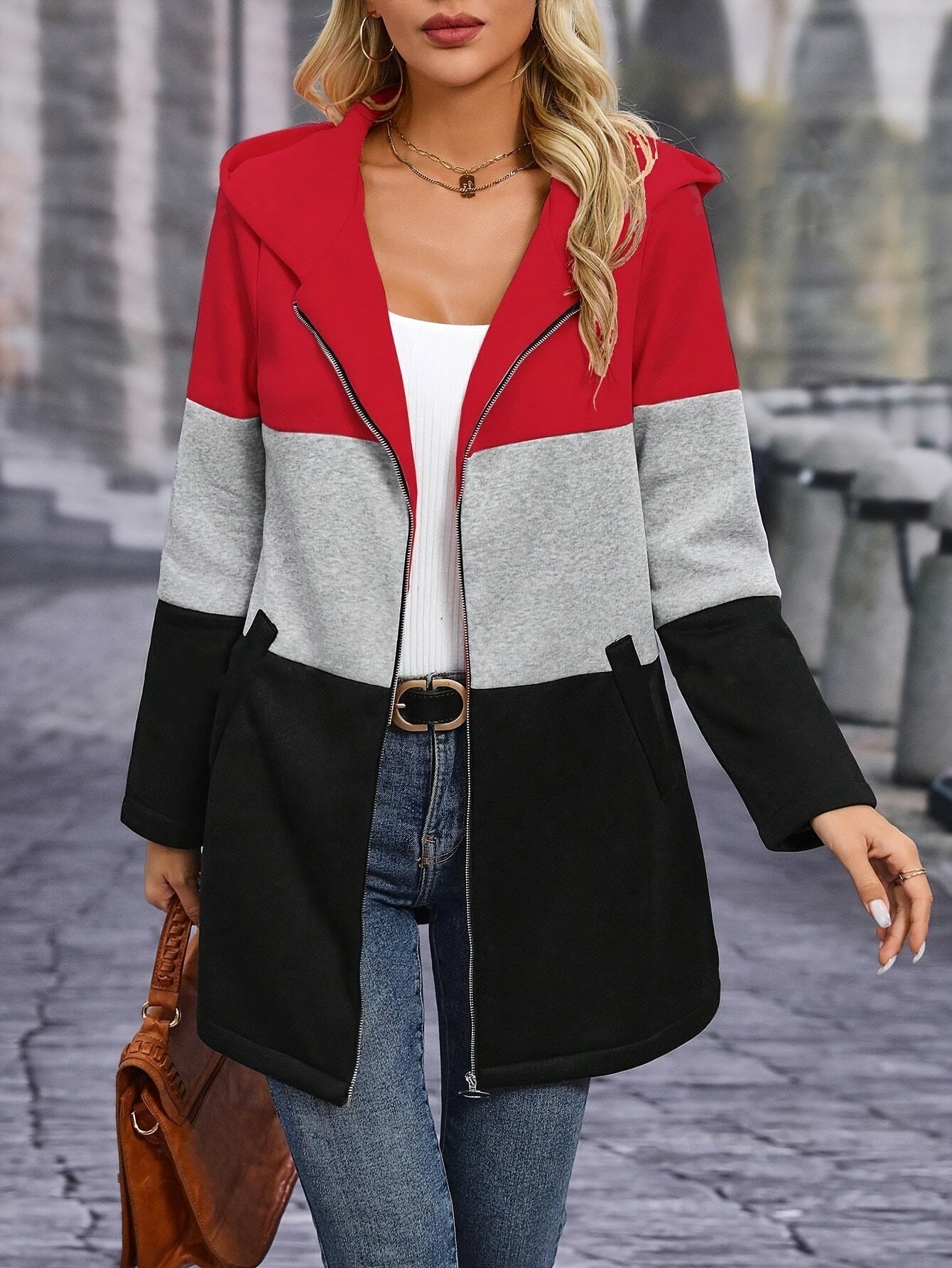 Women's Casual Long Sleeve Color Block Hooded Sweatshirt with Zipper - Fall/Winter Polyester Knit Hoodie with Stretch (Polyester 95%, Elastane 5%)