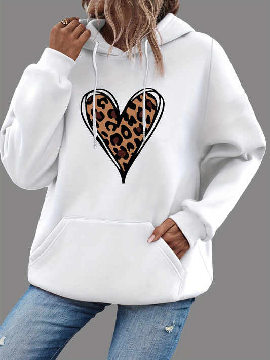 Heart Print Kangaroo Pocket Hoodie, Casual Long Sleeve Drawstring Hoodies Sweatshirt, Women's Clothing