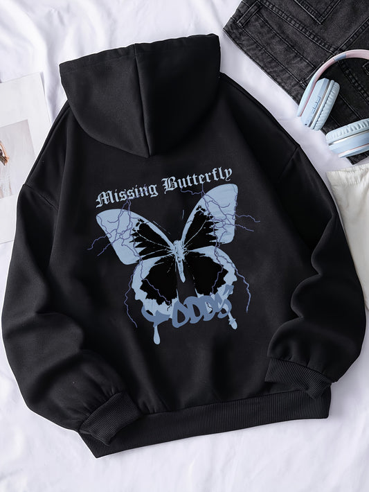 Cozy Fleece-Lined Hoodie with Butterfly & Letter Print - Casual Long Sleeve Pullover for Women, Perfect for Fall/Winter